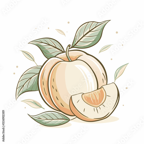 A beautifully illustrated peach with leaves and a slice, showcasing a fresh and organic theme, ideal for food blogs, recipe books, and healthy eating concepts.