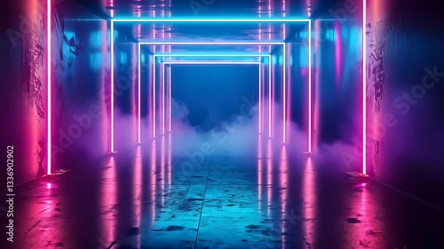 Neon tunnel with vibrant colors.  Foggy, futuristic corridor with vibrant neon pink and blue lights.  Slick, reflective floor