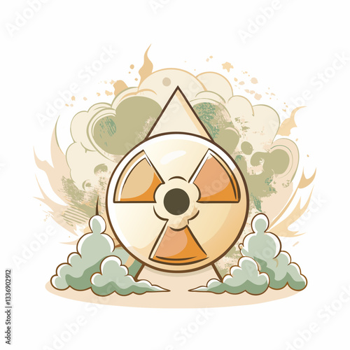 A radioactive symbol surrounded by stylized clouds and abstract designs, conveying the themes of danger and caution, concept of nuclear safety and awareness in an illustrative art style.