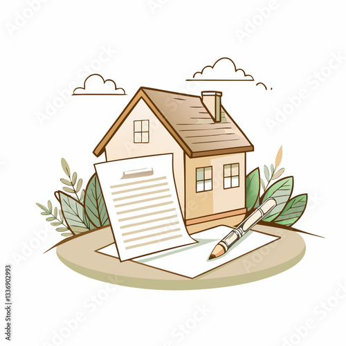 A cozy illustrated house with a blank sheet and pen, symbolizing home ownership, real estate transactions, and the importance of documentation in personal and financial stability, home insurance