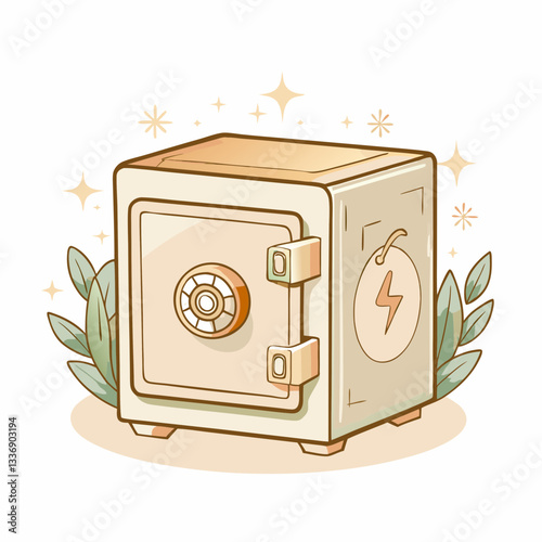 An illustrated safe with a lightning bolt symbol, showcasing security and protection for valuables, perfect for financial applications, the concept of energy conservation