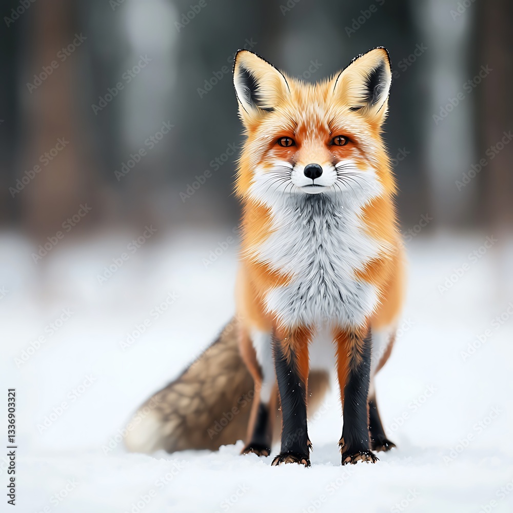 Fototapeta premium A Vibrant Red Fox Sitting in the Fresh White Snow