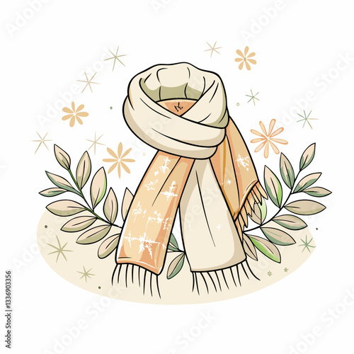 Stylish illustrated scarf wrapped beautifully among delicate leaves and flowers, representing warmth and comfort, perfect for autumn fashion and seasonal decor.
