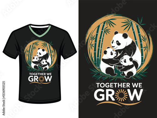 A black t-shirt design featuring a heartwarming image of a panda family amidst bamboo