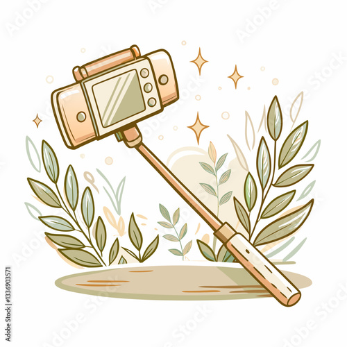 A decorative illustration of a selfie stick against a backdrop of leafy greenery, representing modern photography, social media trends, and creative self-expression in nature.