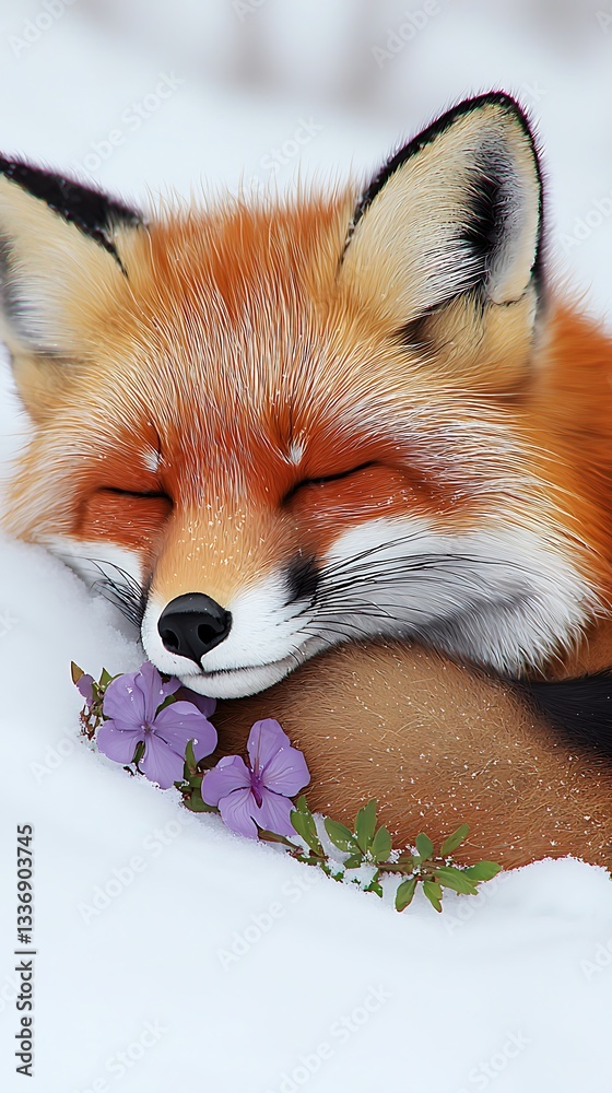 Fototapeta premium A sleeping fox rests amongst snow and fragrant purple blossoms