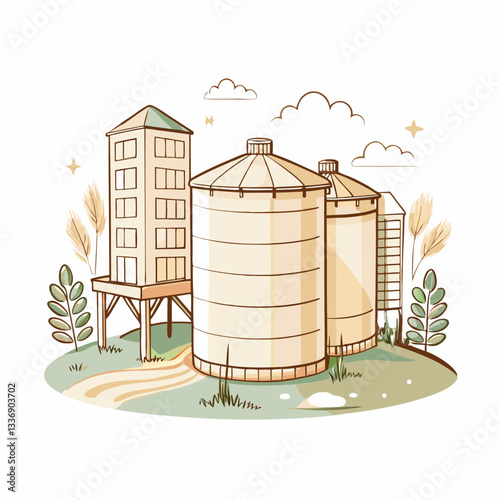 Illustration of silos and a grain storage facility surrounded by greenery and clouds, showcasing rural agriculture, farming landscapes, and sustainable food production.