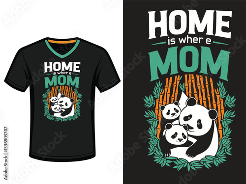 A graphic tee design featuring a heartwarming scene of a panda mother and two cubs nestled amongst bamboo
