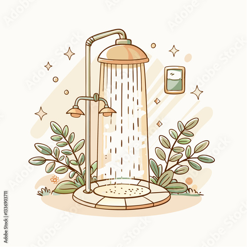 An illustrated outdoor shower watering plants and flowers, showcasing sustainability and eco-friendly living, relaxation in nature, promoting a healthy lifestyle, perfect for wellness retreats.
