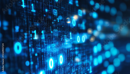 Abstract blue glowing binary code background, perfect for tech, cybersecurity, AI, and futuristic digital innovation themes