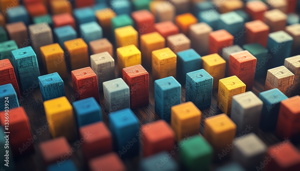 Ultradetailed isometric 3D render of a wooden desk with colorful peopleicon blocks arranged in a strategic pattern
