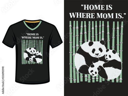 A black t-shirt design featuring a heartwarming image of a panda mom and baby pandas cuddling amidst bamboo stalks