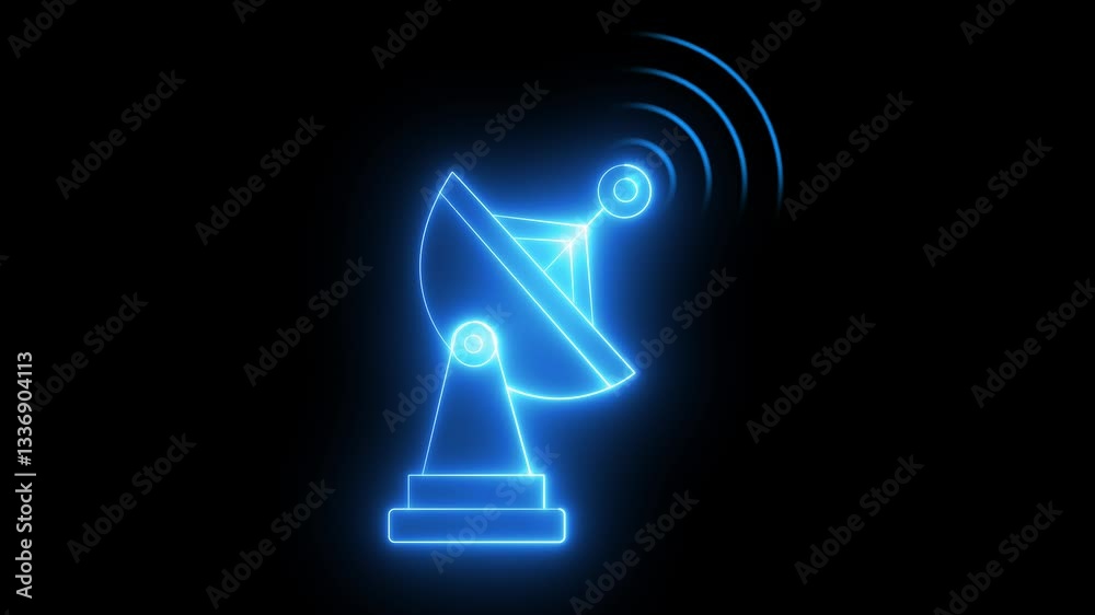 Satellite Dish Icon animation with neon line on black background. Satellite Dish Icon. Radar dish antenna for broadcast. Satellite communication concept. Vector illustration Satellite Dish Icon animation with neon line on black background. Satellite Dish Icon. Radar dish antenna for broadcast. Satellite communication concept. Vector illustration
