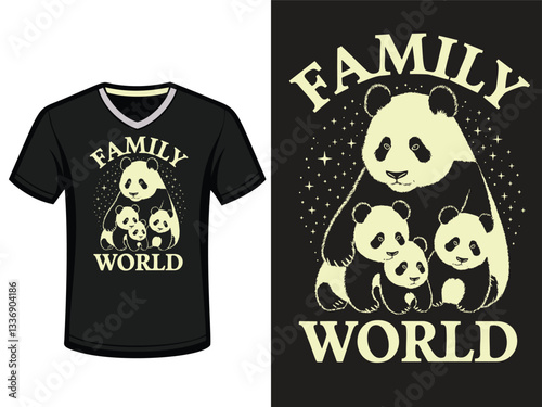A black t-shirt design featuring a heartwarming image of a panda family