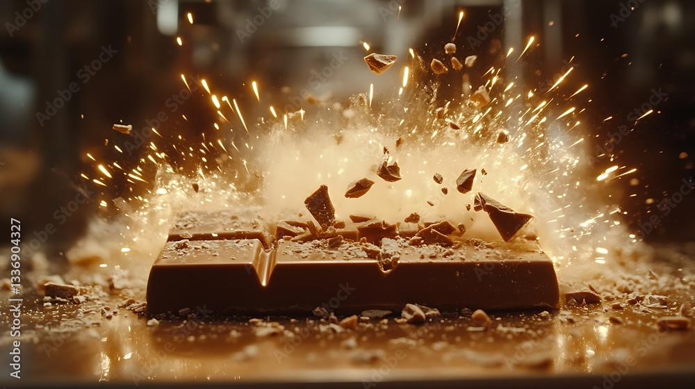 Milk chocolate bar exploding, sparks, dark background