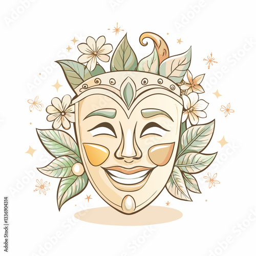 A smiling decorative mask adorned with flowers and leaves, showcasing artistic expression, cultural significance in celebrations, ideal for creative projects and thematic decorations.