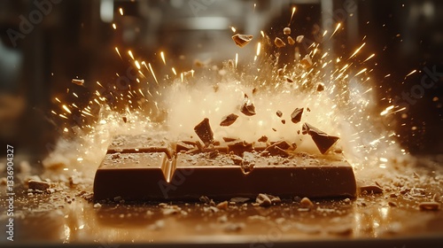 Obraz na płótnie Milk chocolate bar exploding, sparks, dark background w salonie