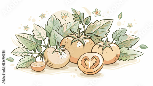 Illustration of fresh tomatoes surrounded by green leaves, showcasing healthy produce, emphasizing organic farming, and a natural lifestyle, perfect for recipes and culinary blogs.