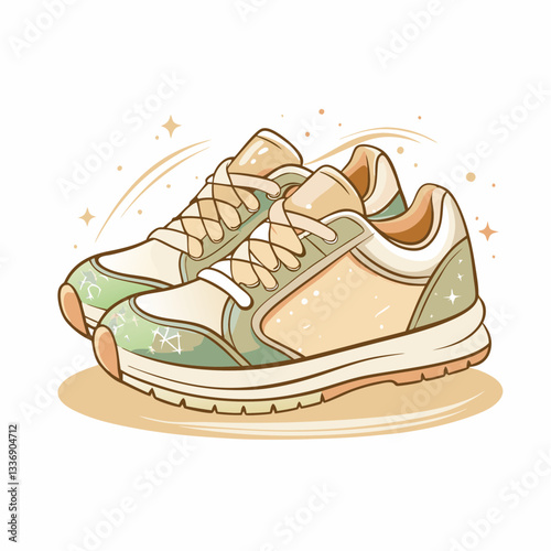 A pair of sneakers with natural design elements, symbolizing active lifestyle, sport, comfortable walking, and fashion footwear.
