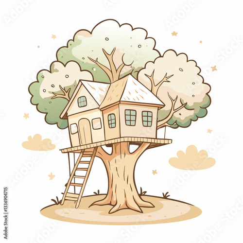 A whimsical treehouse nestled in lush green foliage, representing childhood dreams, adventure, and the joy of outdoor play, ideal for illustrations and children's spaces.