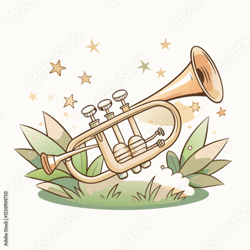 A whimsical golden trumpet floating amidst green leaves and stars, capturing the joy of music, creativity in art, and vibrant celebration, ideal for festive designs and musical-themed projects.