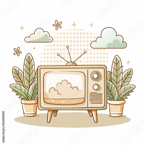 A retro television set surrounded by lush green plants and fluffy clouds, in a pastel color palette, representing nostalgic home entertainment and cozy living spaces.