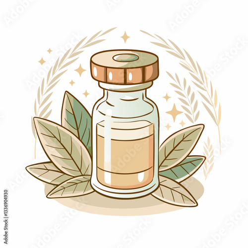 A glass vial filled with herbal essence, surrounded by green leaves and a decorative wreath, symbolizing natural remedies and wellness products in holistic health practices.