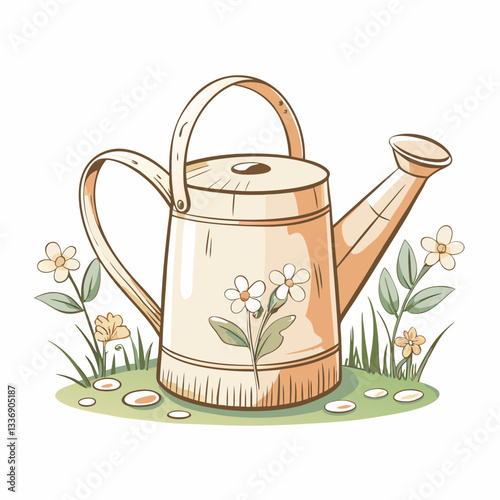 A vintage watering can surrounded by blooming flowers in a lush garden, illustrating the joys of gardening, nurturing nature, and the beauty of horticulture for creative projects and decoration.