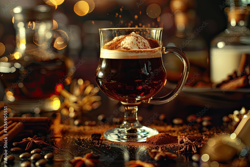 High Definition Visual of Irish Coffee with Whisky on Dark Background
