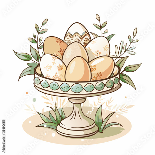 Easter decorated eggs on a vintage pedestal with greenery in the background, symbolizing spring celebrations, festive traditions, and the joy of family gatherings during Easter festivities.