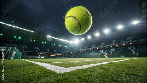 Tennis ball in motion, mid-air shot, stadium lights, high-speed action, competitive sports setting.