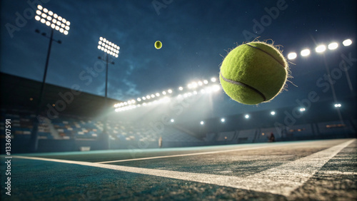 High-speed tennis shot, stadium environment, motion freeze, illuminated court, professional tournament setting.