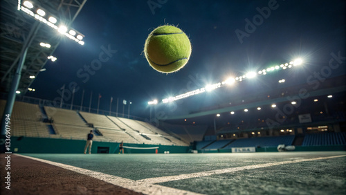 Close-up sports photography, tennis court focus, dynamic movement, illuminated background, intense sports moment.