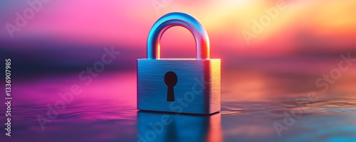 Sleek 3D render of a white padlock icon with a vibrant colorful gradient, symbolizing encryption, online privacy, and secure systems, highdefinition, photorealistic finish photo