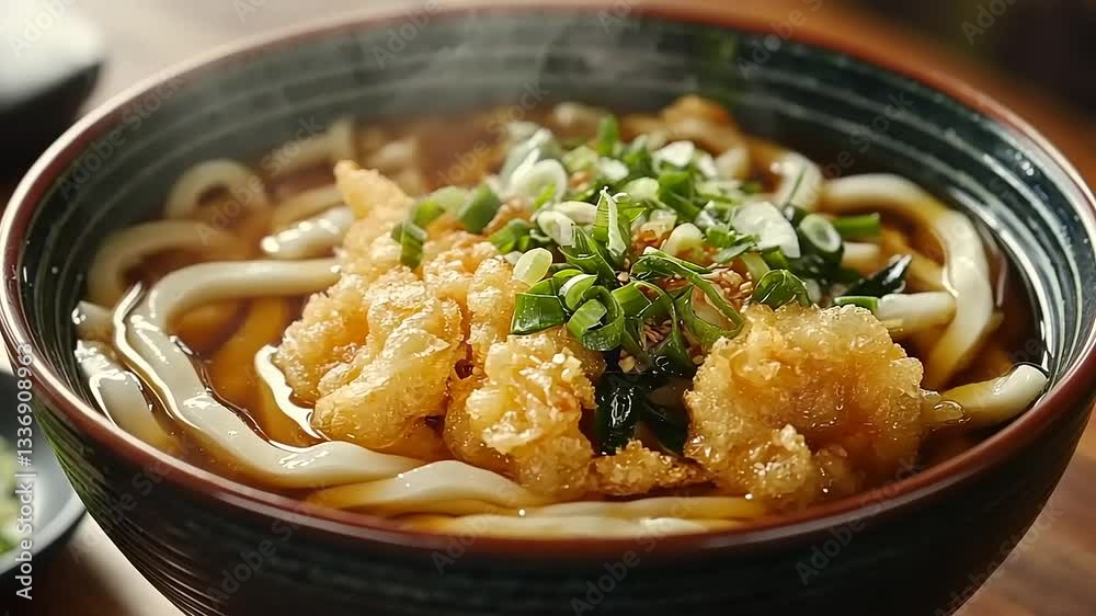 A close-up shot of a steaming bowl of tempura udon noodles with scallions.