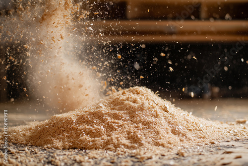 Crafting a wooden masterpiece creates a cloud of sawdust in a well-lit workshop with a colorful wall accent