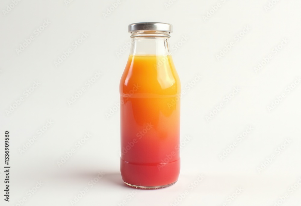 Glass bottle mockup with gradient orange-red juice on white background Glass bottle mockup with gradient orange-red juice on white background