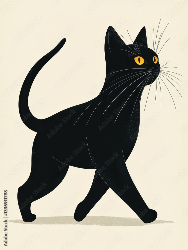 Fototapeta premium A striking black cat strides confidently with its tail held high. Its bright yellow eyes stand out against a soft light backdrop, showcasing its sleek silhouette and playful demeanor