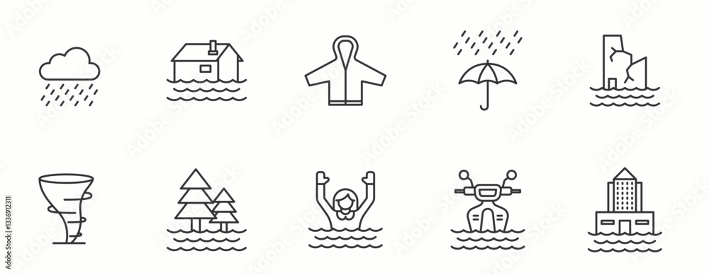 Fototapeta premium Flood line Icon Set. Disaster, nature, climate, environment, weather, rain, danger, emergency, . Vector Illustration.
