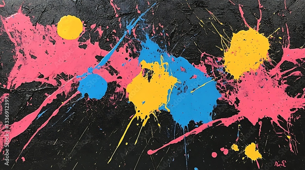 Colorful paint splatters on dark canvas