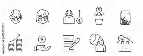 Pension line Icon Set. Office, government, aid, support, benefit, payment, economy, insurance, health, care . Vector Illustration.
