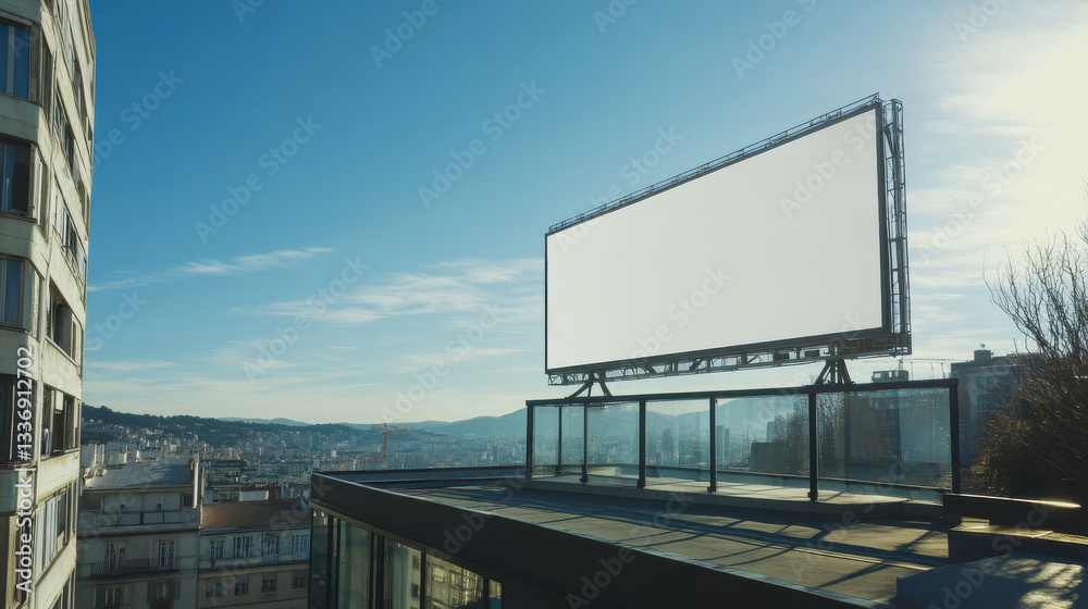 A large blank billboard stands on a rooftop, overlooking a cityscape with residential buildings, mountains in the distance, and a clear A large blank billboard stands on a rooftop, overlooking a cityscape with residential buildings, mountains in the distance, and a clear