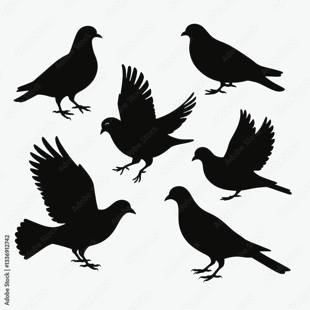 Fototapeta premium Pigeon Bird Silhouettes Set – Flying and Standing Pigeons Vector Illustration. silhouettes of birds. set of pigeon birds. birds silhouettes set.