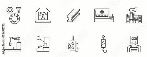 Steel Industry line Icon Set. Engineering, construction, machinery, plant, forge, smelting  . Vector Illustration.
