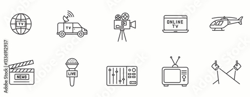 Television Broadcast line Icon Set. Network, screen, entertainment, video, transmission  . Vector Illustration.