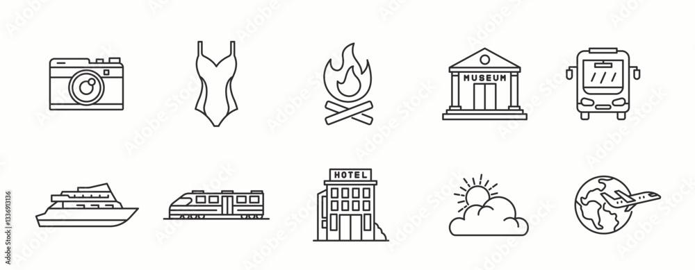 Naklejka premium Tour and Travel line Icon Set. Landmark, holiday, vacation, hotel, . Vector Illustration.