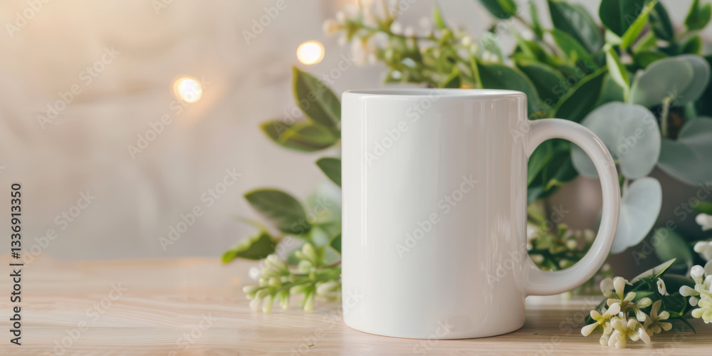 White ceramic mug on wooden table with greenery and soft lighting White ceramic mug on wooden table with greenery and soft lighting