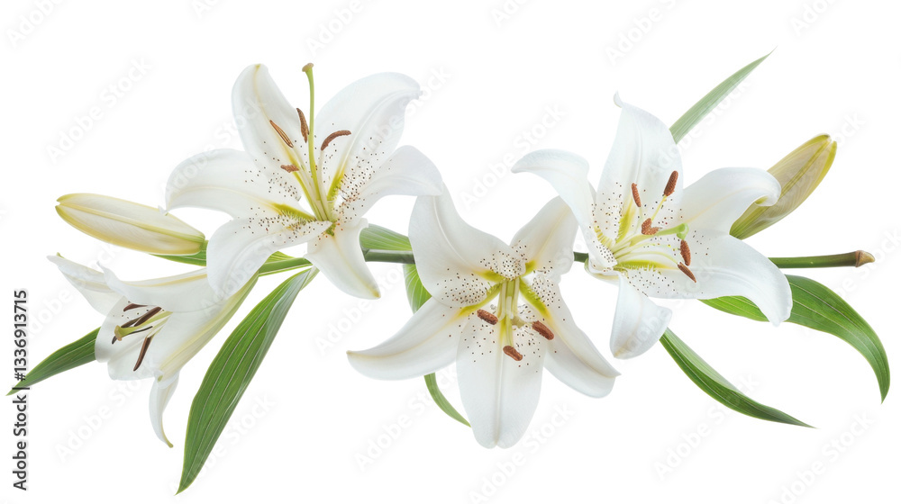 Fototapeta premium Delicate white lilies blooming gracefully on transparent background
