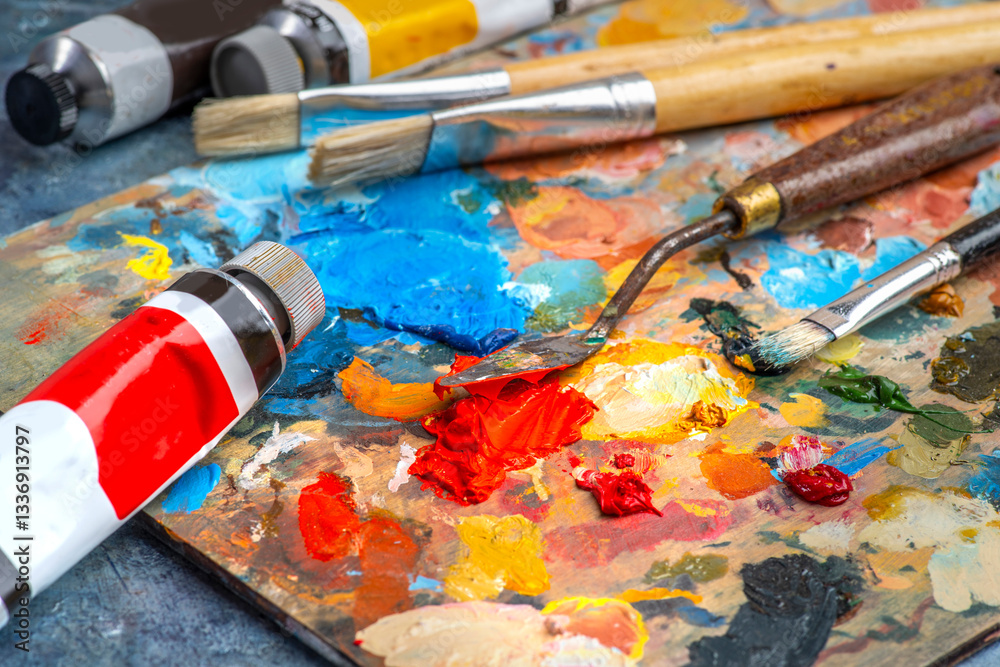Obraz premium Old used brushes and palette knife in an artist's studio, palette with multi-colored spots of oil or acrylic paint, paint tubes