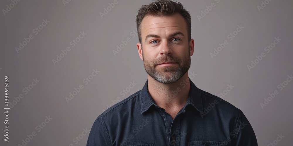 Obraz premium Confident Man with Beard in Casual Attire Against Neutral Background